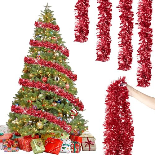 6 Stück x 2M Weihnachten Lametta Girlande, Lametta Girlande Weihnachtsgirlande, Glitzernd Girlande Weihnachten Innen-Und Außen für Weihnachtsbaum Weihnachtsfeier, Lametta Weihnachtsdekoration Rot