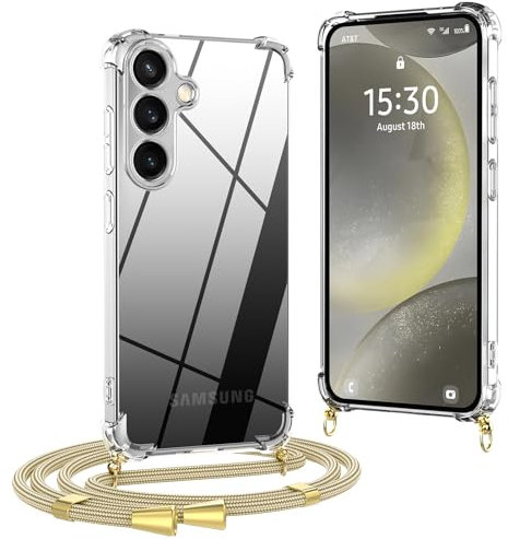 OLEPHY Chaîne de téléphone portable compatible avec Samsung Galaxy S23 - Coque de protection avec cordon - Souple et transparente - Résistant aux chocs - Longueur réglable - Doré