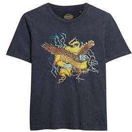 Superdry Damen Locker geschnittenes T-Shirt mit Biker-Rock-Grafik Mid Backstage Schwarz 42