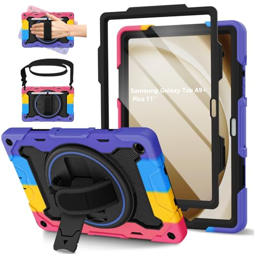 ROSROME Funda para Samsung Galaxy Tab A9+/A9 Plus de 11 pulgadas 2023 con protector de pantalla, resistente a los golpes, funda protectora para tablet infantil con soporte giratorio de 360°, correa