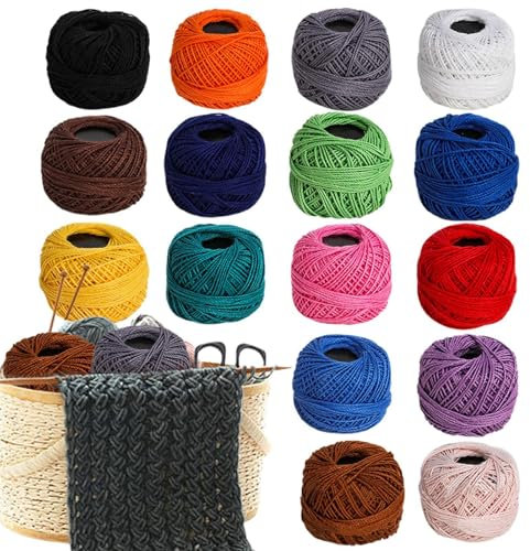 Fili di cotone per uncinetto, filati arcobaleno per uncinetto | 16 rotoli di gomitolo di cotone colorato,Filo da ricamo in cotone per maglieria per donne, mamma, nonna