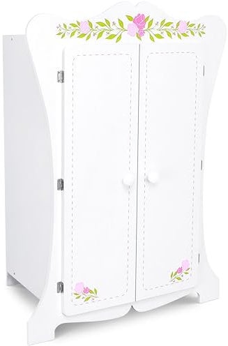 Puppenschrank aus Holz 355, Weiß mit Blumenmuster, 70 cm Höhe, 2 Türen, Kinderzimmermöbel