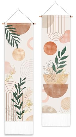 PLIGREAT Paquete de 2 tapices bohemios con borlas, 132 x 33 cm, diseño de plantas estéticas para colgar en la pared, abstracto, vertical, para dormitorio, sala de estar, baño, decoración artística