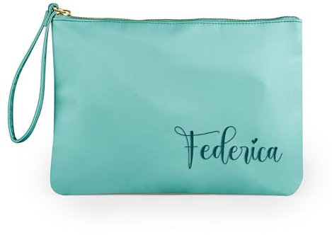 Caribu design Pochette Personalizzata con Nome Iniziali Testo - Borsa per Trucchi, Cosmetica, da Viaggio, con Cerniera Oro e Laccetto da Polso - Idea Regalo Estiva per Lei Donna (Turchese)