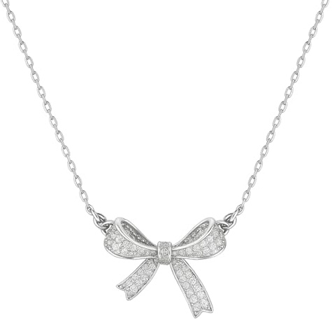 Vayfoni Women's Silver Alloy Bow Necklace with Cubic Zirconia - 45+7cm Butterfly Necklace - Sparkling Diamond Minimalist Design - Light Luxury Collarbone - Perfect for Girls and Women
