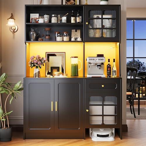 Ligterra Küchenschrank, Hochschrank, Vitrinenschrank, Buffetschrank mit Verstellbaren Ablagen (Schwarz - 4)