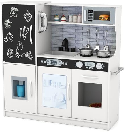 COSTWAY Cocina de Juguete de Madera, Cocinita Infantil con Pizarra, Teléfono, Microondas, Fabricador de Hielo, Lavavajillas, Horno y Sonidos Simulados para Niños y Niñas de 3-6 Años (Blanco Crema)