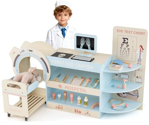 COSTWAY Kids Doctor Play Set, Wooden Checkup Medical Office Center with Eye Chart, Toy CT Machine, 20 Hospital Accessories, Toddler Pretend Hospital Playset Kit for Boys Girls (Blue)