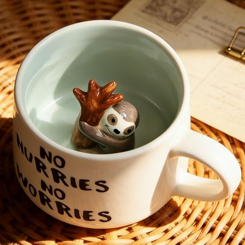 Busnos 3d Faultier Keramik Tasse mit Löffel und Untersetzer 350ml Lustige Kaffeetasse Personalisiert Geburtstagsgeschenk für Frauen Kaffeeliebhaber Faultier Geschenke für Frauen Mädchen