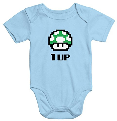 MoonWorks Baby Body Geburtstag Retro Pixel-Pilz 90er Konsole Spiel Level up Bio-Baumwolle Hellblau 6-12 Monate