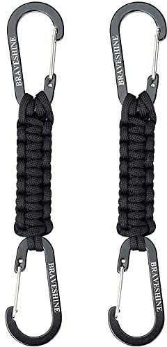BRAVESHINE 2 Pack Black Paracord Keychain Carabiner Clips, Lanyard Hanger with Chain Hooks Heavy-Weight Stroller Hook Holder for Water Bottle, Key, Backpacks, Tools, Boys, Girls, Men, Women