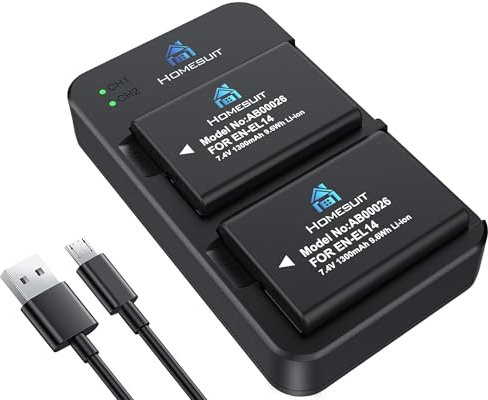 Homesuit EN-EL14 EN-EL14a - Set di caricabatterie doppio USB per Nikon D5600, D3300, D3500, D5100, D5500, D3100, D3200, D5200, D5300, P77777777777777 00, P7. 800 (Confezione da 2) 1300 mAh