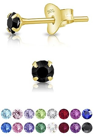DTPsilver - Winzige Ohrringe 925 Sterling Silber Gelb Vergoldet mit Kristallen von Swarovski® Elements Runde Sehr kleine Ohrstecker - Durchmesser 3 mm - Farbe : Schwarz
