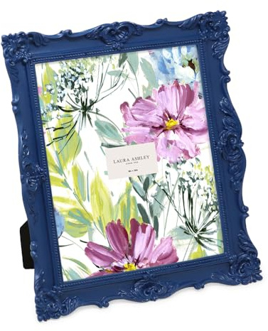Laura Ashley 8x10 Navy Ornate Textured Hand-Crafted Resin Picture Frame with Easel & Hook for Tabletop & Wall Display, Decorative Floral Design Home Décor, Photo Gallery, Art, More (8x10, Navy)