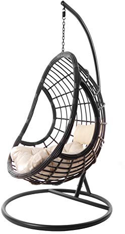 KIDEO Komplettset: großer Hängesessel mit Gestell & Kissen, Korbsessel, Poly-Rattan, grau, anthrazit (Kissen: Elfenbein Chesterstepp (0050 Ivory))