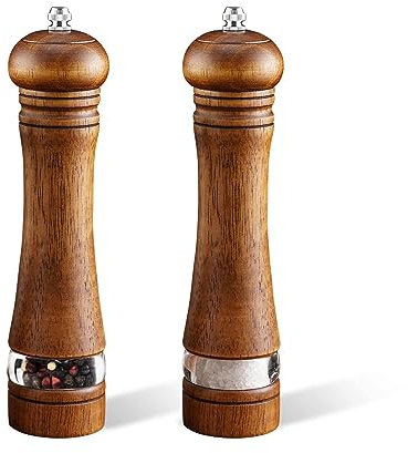 Lot de 2 moulins à sel et à poivre en bois de 20,3 cm avec mouture réglable, rechargeable, pour cuisiniers à la maison (marron)