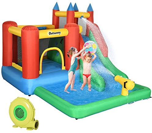 Outsunny Castillo Hinchable para Niños +3 Años Castillo Inflable con Inflador Parque Acuático con Tobogán Trampolín Piscina y Bolsa de Transporte 330x245x215 cm Multicolor