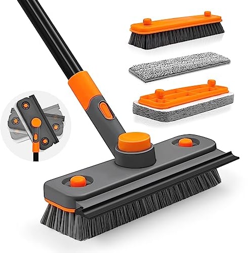 JEHONN 4-in-1 Bathroom Tile Tub Scrubber with Long Handle, Upgraded Shower Cleaning Brush with Squeegee, 3 Different Function Scrub Brush Attachments Head for Bath, Bathtub, Floor, Wall, Baseboard