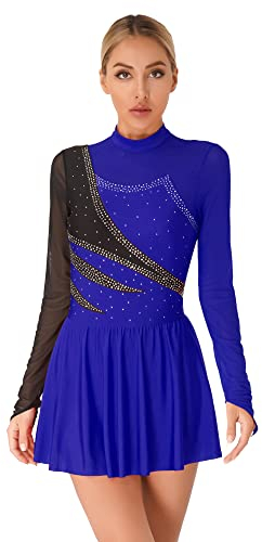 iEFiEL Damen Langarm Ballettkleid Eiskunstlauf Kleid mit Glitzer Kristallen Ballettkleidung Gymnastik Leotard Turnanzug Tanzkostüm Zf Königsblau XXL