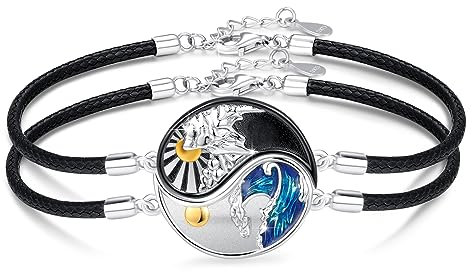 JFASHOP Yin Yang Armband 925 Sterling Silber Taichi Paar BFF Kette Berg Sonne Anhänger Armband 2 Stück Yin Yang Kette Schmuck Geschenke für Damen Herren Couple (A-Yin Yang)