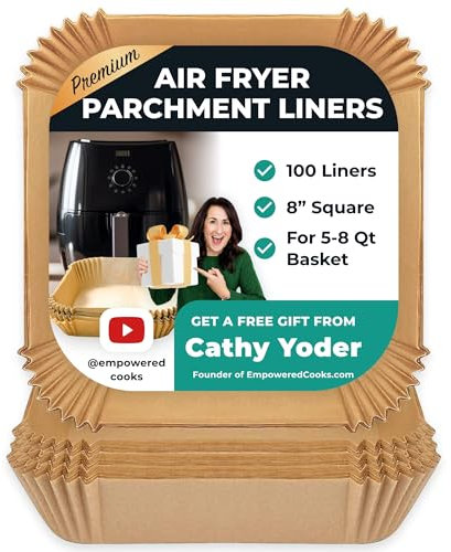 Cathy Yoder's Pine & Pepper Air Fryer Liners,100 PCS 7.9-inch Square-Premium, Food-Grade Air Fryer Parchment Paper Liners, Air Fryer Liners Disposable, Recyclable, Easy Cleanup, Oil & Water Resistant