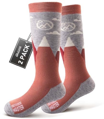 OutdoorMaster Kids Ski Socks - Merino Wool Ski Snowboard Socks, Kids Thermal Socks with OTC Design w/Non-Slip Cuff,Knee High Warm Socks for Cold Weather,Outdoor Winter Sports- 2 Pairs