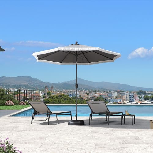 PURPLE LEAF 2.7M Garden Market Parasol Outdoor Table Fringe Tassel Patio Umbrellas with Tilt Button and Crank 8 Sturdy Ribs for Pool Deck Backyard Beach, Grey