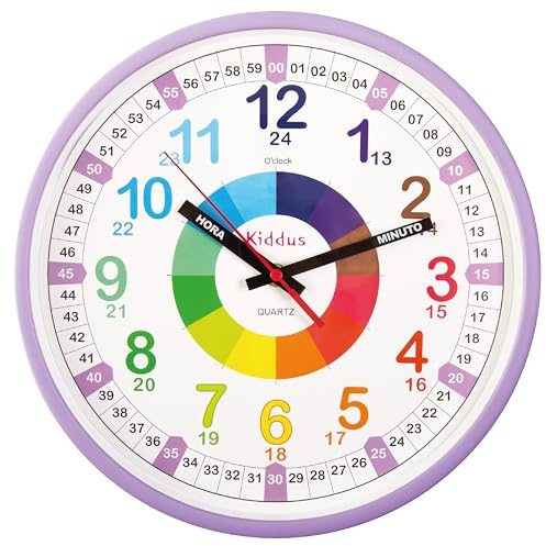 Kiddus Reloj de Pared Infantil para Aprender la Hora, Reloj Educativo con Agujas Escritas Hora y Minuto, Decoración Habitación Niños y Niñas, Silencioso, Pedagógico Números de para Escuela y Colegio