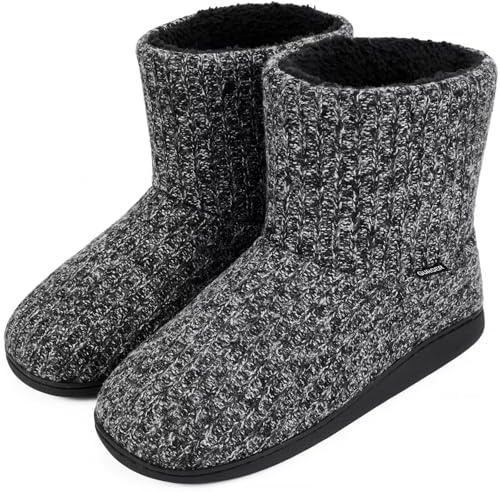 GURGER Hüttenschuhe Herren Gestrickte Hausschuhe Warm Plüsch Gefüttert Hausstiefel Rutschfeste Feste Sohle
