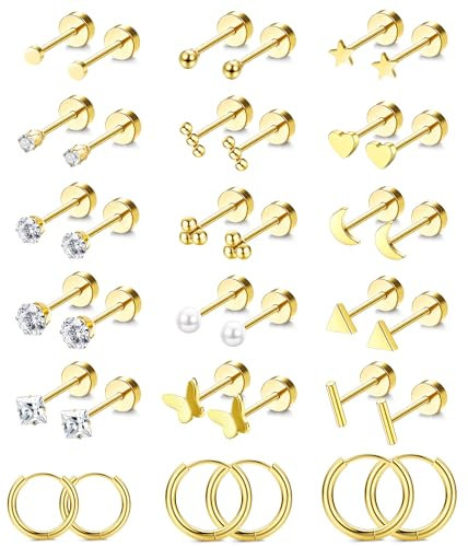 CASSIECA 18 Pairs Gold Earrings for Women Surgical Steel Hypoallergenic Flat Back Earrings Stud Hoop Earrings Helix Cartilage Tragus Piercing Jewellery Stack Earrings Set