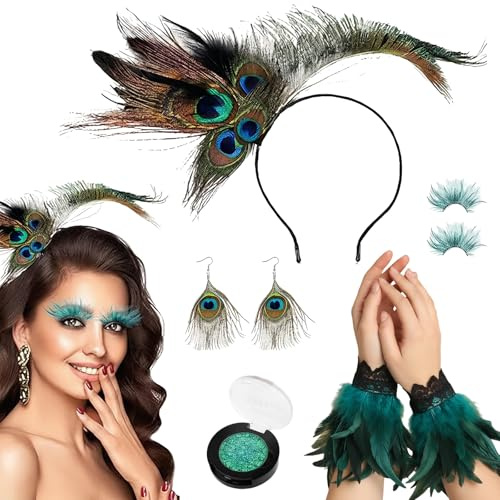Sunwuun5 Stücke Karneval Pfau Kostüm Damen,Pfau Kostüm,Grün Glitzer Gesicht Lidschatten,Kopfschmuck,Haarreif,Pfauenfedern Ohrringe,Pfauenfedern Manschetten Wimpern für Cosplay,Maskeraden Party