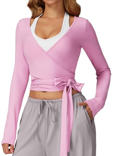 FEOYA Haut Cache-CœUr pour Femme De Ballet à Manches Longues Noué sur Le Devant Yoga Pilates Haut De Gymnastique Dancewear