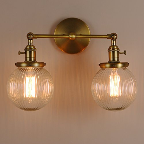 PathsOn Industrial Modern Vintage Double Sconce Wall Lights, Loft Bar Kitchen Wall Lamp Fixture with Ribbed Globe Clear Glass Light Shade (Antique)