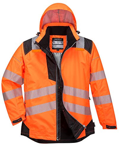 Portwest T400 Men's PW3 Lightweight Hi Vis Hooded Work Jacket Reflective Full Zip Safety Utility Quilt Lined Waterproof Workwear Orange/Black, XX-Large