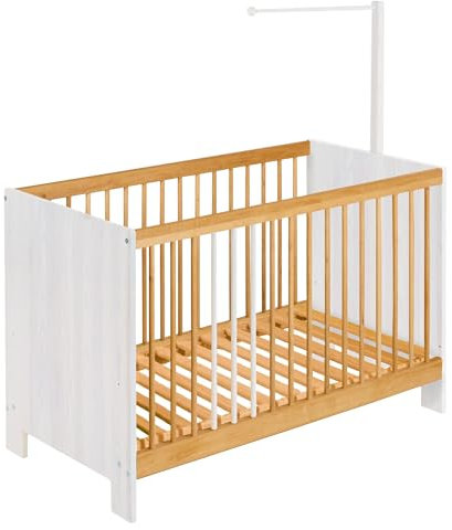 BioKinder Babybett Gitterbett Beistellbett Kinderbett Niklas TÜV/GS geprüft mit Betthimmelstange aus zertifiziertem Massivholz Erle und Kiefer Naturweiß lasiert 60x120 cm t