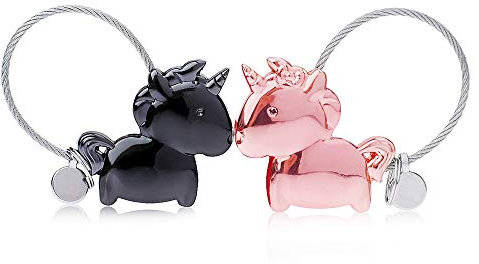 Amant Porte clés 1 Paire Licorne Porte-clés avec Bouche magnétique, Porte Clef en Alliage de Zinc Cadeau pour Couple Amoureux, Noir et Or Rose