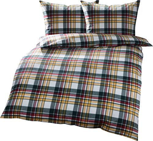 Bettwaesche-mit-Stil Warme Fein-Flanell Winter Bettwäsche Livigno Karo grün gelb rot kariert (240 x 220 cm + 2 x 80 x 80)
