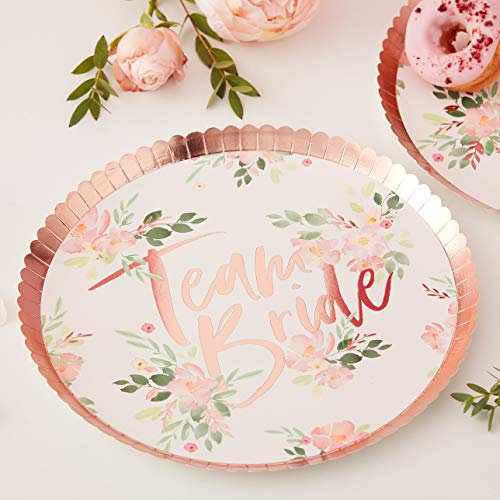Ginger Ray - Lot de 8 assiettes en carton pour enterrement de vie de jeune fille - Inscription en anglais « Team Bride » et motif floral - Or rose