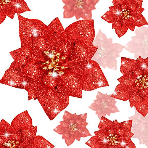 24 Stück Funkeln Weihnachtsstern Künstliche Weihnachten Blumen Weihnachtsstern Dekorationen Hochzeit Weihnachtsbaum Ornamente, 3/4/ 6 Zoll (Rot)