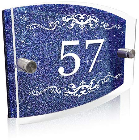 Personalised House Sign Plaque Modern Glass Effect Acrylic Door Number Wall Sign Door Plate Street Road Plate Plaque Hand Finished in UK (Blue Pattern)