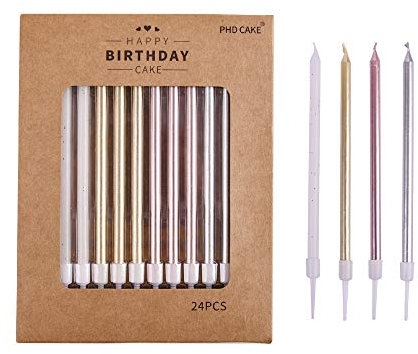 PHD CAKE Gold, Silver, Rose Gold, White, Long Birthday Candles in Holders, Cake Candles, Birthday Parties, Wedding Decorations, Party Candles, Celebrations