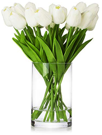 ENOVA HOME 20 Stück künstliche Tulpen in Glasvase mit Kunstwasser für Heimdekoration (weiß)