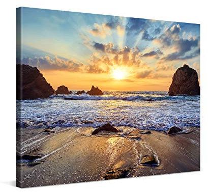 PICANOVA – Bild auf Leinwand Felsiger Strand Sonnenuntergang 80x60cm – Leinwandbild – Premium Leinwanddruck – Wandbild Kunstdruck Auf 2cm Holz-Keilrahmen Wohnzimmer Wanddekoration – Strand