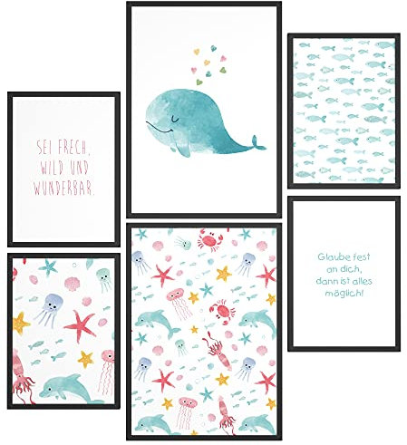 Papierschmiede® Bilder Kinderzimmer Kids Mood Poster Set Unterwasserwelt, Kinderzimmer Bilder Babyzimmer Deko, 2x DIN A4 und 4x DIN A5, Wal Krebs Fisch Seestern - Kinderposter ohne Rahmen