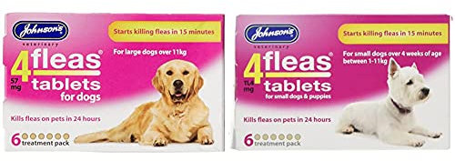 Johnsons Veterinary Products 4Fleas Dog Tablets, Large, 57 mg, 6 Tablets & 4Fleas Tablets for Puppies and Small Dogs Treatment Pack, Pack of 6