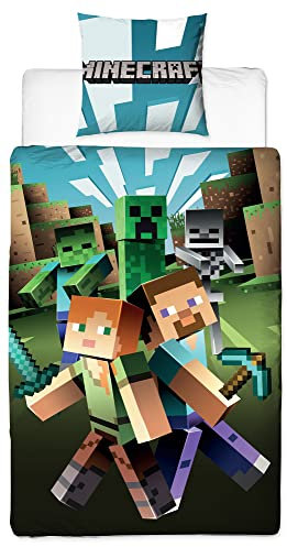 Minecraft Wende-Bettwäsche City 135 x 200 cm + 80 x 80 cm 100% Baumwolle Linon/Renforcé-Qualität Kinderbettwäsche Creeper TNT Zombie Crafting Enderman Skelett Enderdrache 2 Motive Reißverschluss
