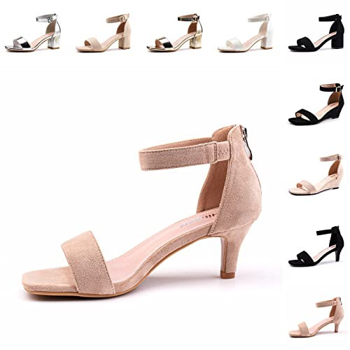 Hitmars Sandali Donna Eleganti con Tacco Medio Sandalo Gattino Estive Cerimonia Scarpe Stiletto Punta Aperta 6CM Cinturino alla Caviglia 3 Beige Taglia 38