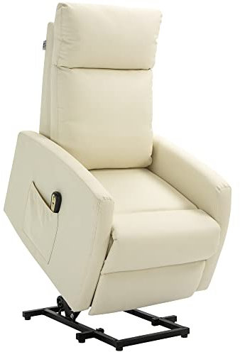 HOMCOM Poltrona Alzapersona con Telecomando, Schienale Reclinabile a 145° e Poggiapiedi in Pelle PU Crema, 67x95x105cm