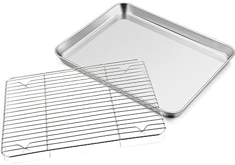 Backblech mit Abkühlgitter, Joyfair Edelstahl Groß Ofenblech Kuchenblech und Kuchengitter Set, 31.6 x 24.5 x 2.5cm, Rechteckig Backform und Auskühlgitter für Backen/Braten/Kühlen, Spülmaschinenfest