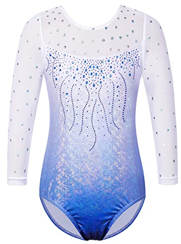 ZNYUNE Gymnastikanzug für Mädchen Ärmellos Langarm Farbverlauf Tanz Gymnastik Trikot 3-14 Jahre B285 LightBlue 12A